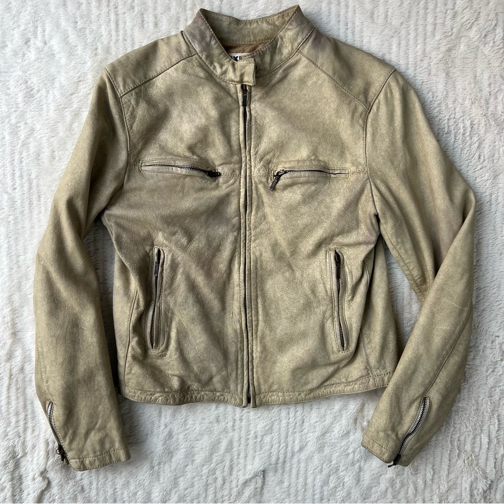 Vintage Express cream Beige distressed Leather Moto Jacket Size Large